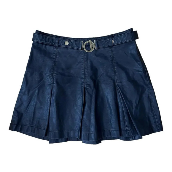 Free People Faux Leather Black Mini Skirt Sz 6 Pleated Belted Retro Boho Y2K $98 - Picture 1 of 9